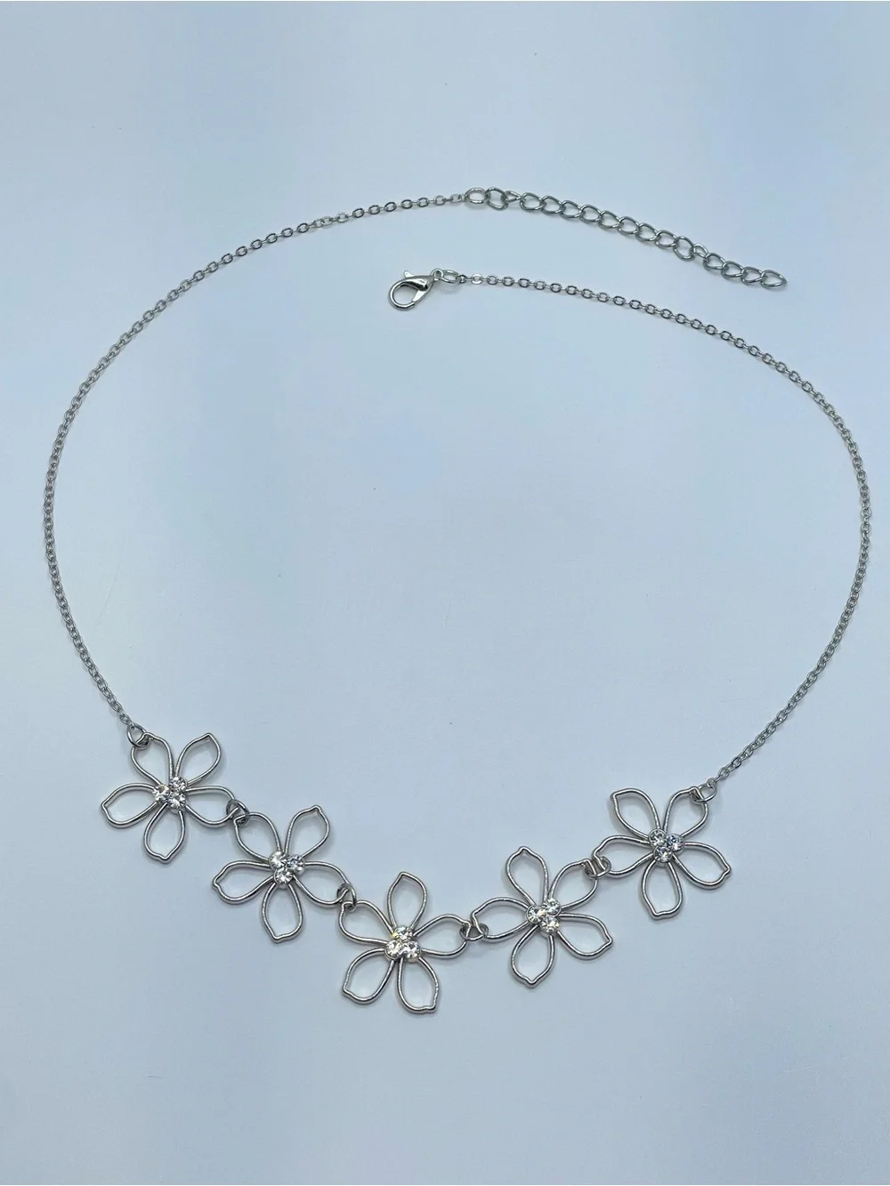 Silver Tone Crystal Flower Necklace Dainty Floral Statement Jewelry